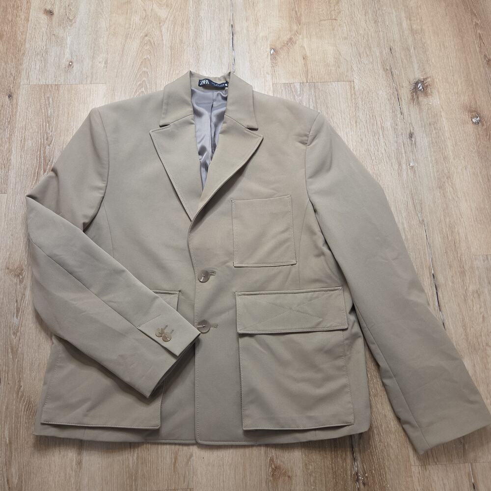 Zara Men's Small Tan Utility Blazer Jacket Cargo Pockets Safari Khaki SHIPS FAST